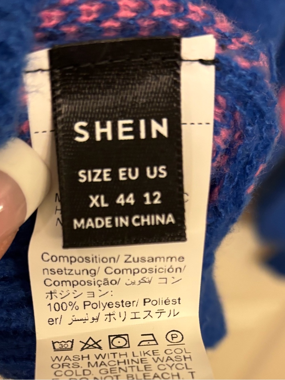 SHEIN Blue Crewneck Sweater with Pink Heart Accents - Picture 3 of 3